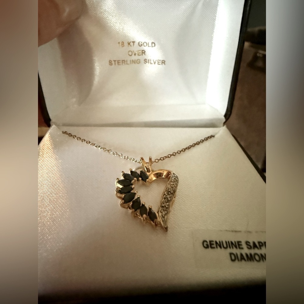 Vintage Genuine Sapphire and Diamond Heart Pendant Necklace 14k gold over .925